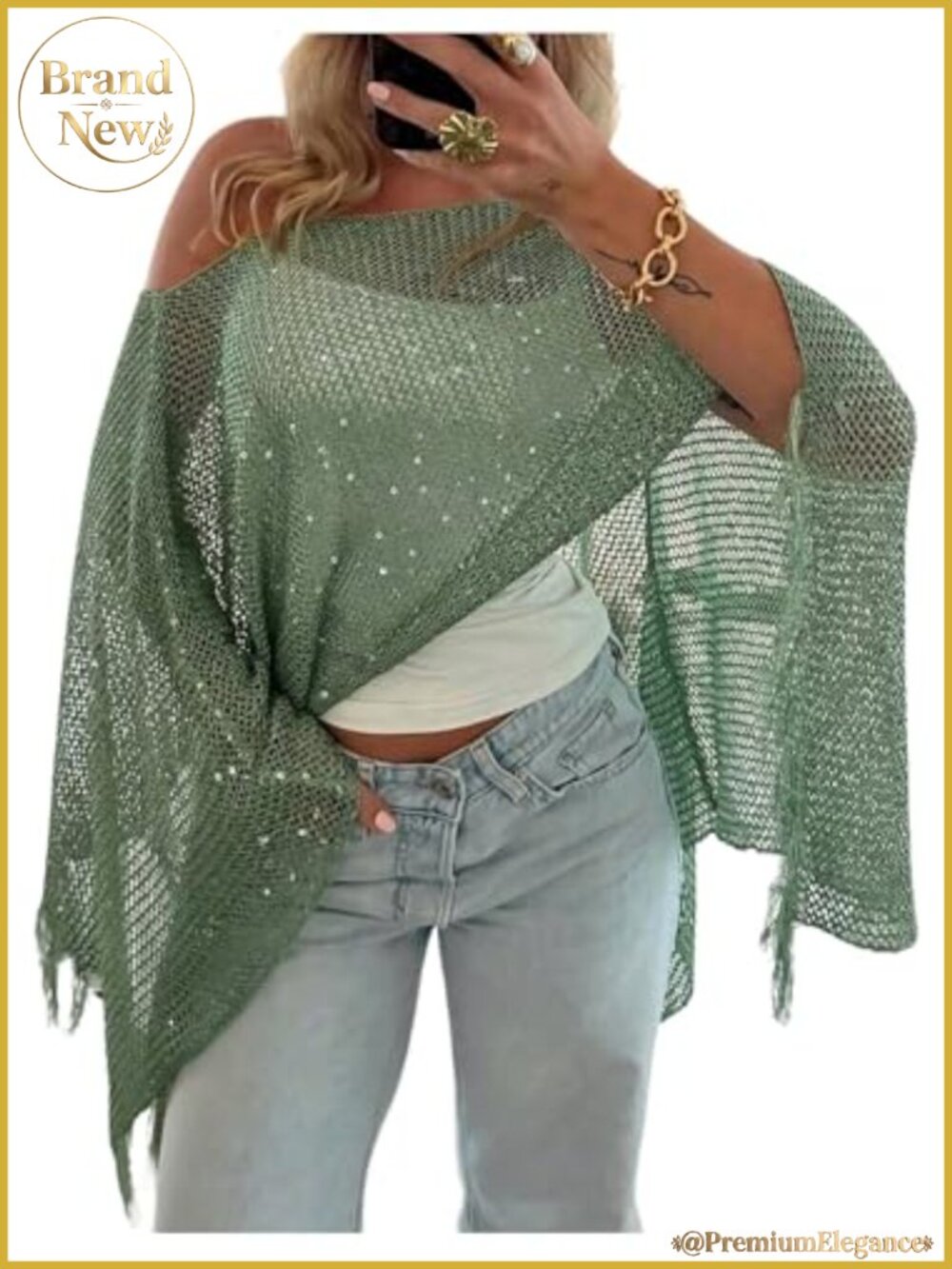 Sequin Crochet Off Shoulder Sheer Fringe Poncho Beach Cover Up